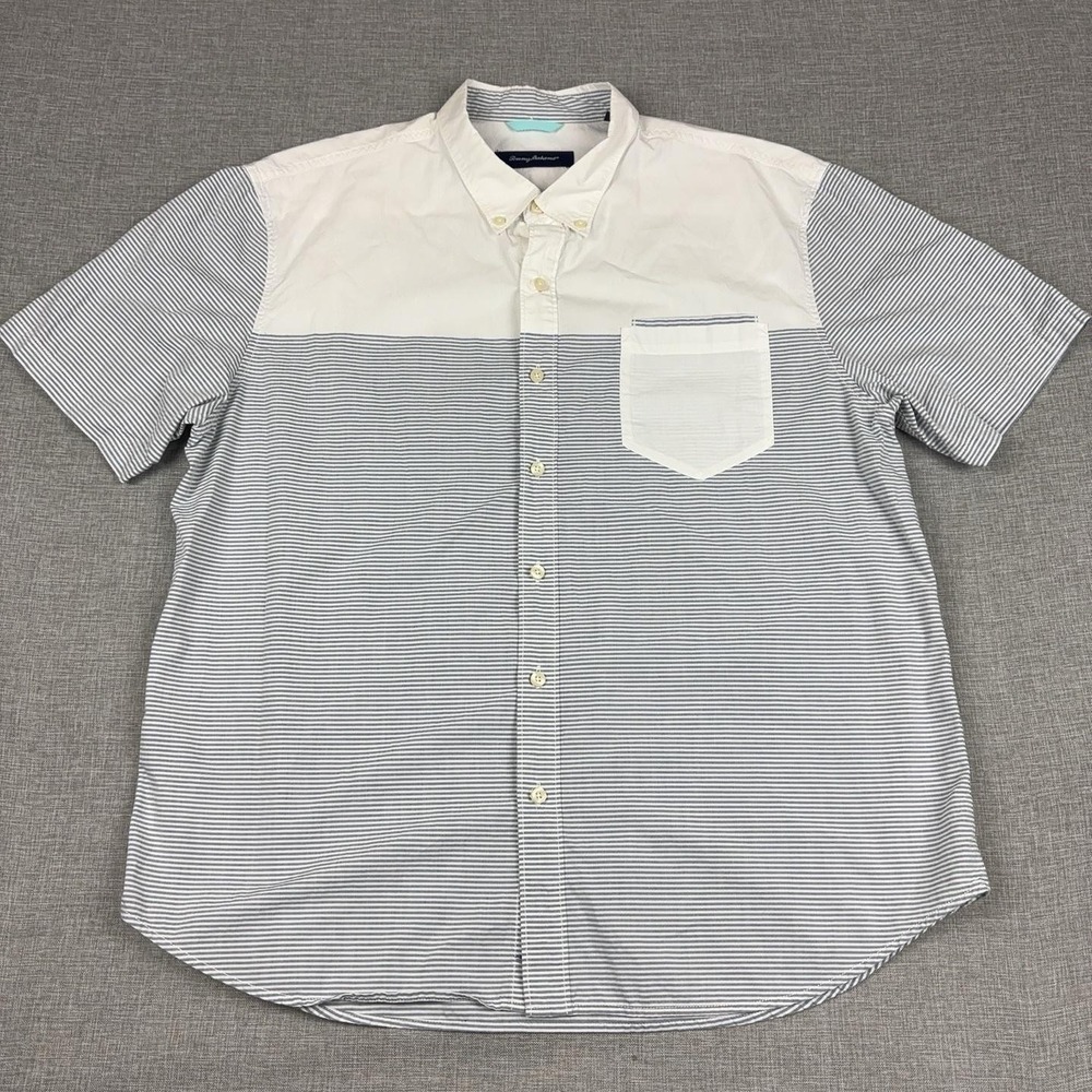 Tommy Bahama Shirt Mens XL Blue White Stripe Cotton Short Sleeve Button-Up